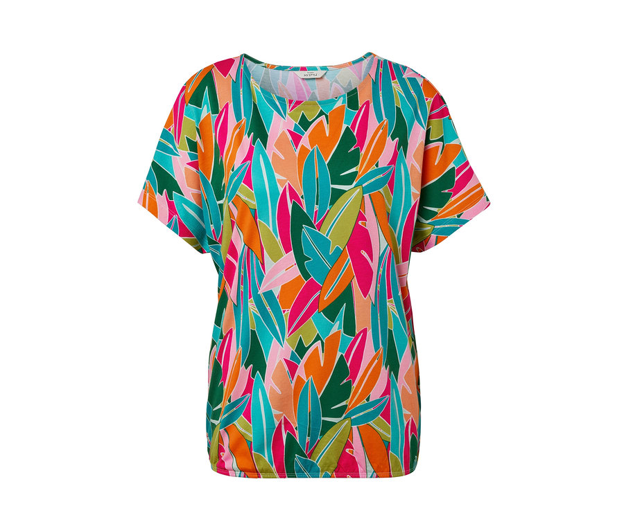 Düşük omuzlu, yeşil, pembe, turuncu ve mavi yaprak baskılı tişört.