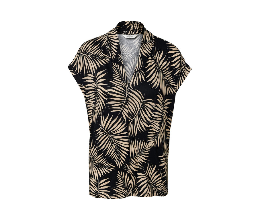 Yaprak deseni olan V yakalı baskılı bluz tişörtü