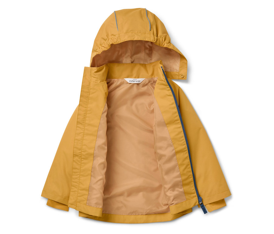 Kapüşonlu ve mavi fermuarlı açık sarı ceket.