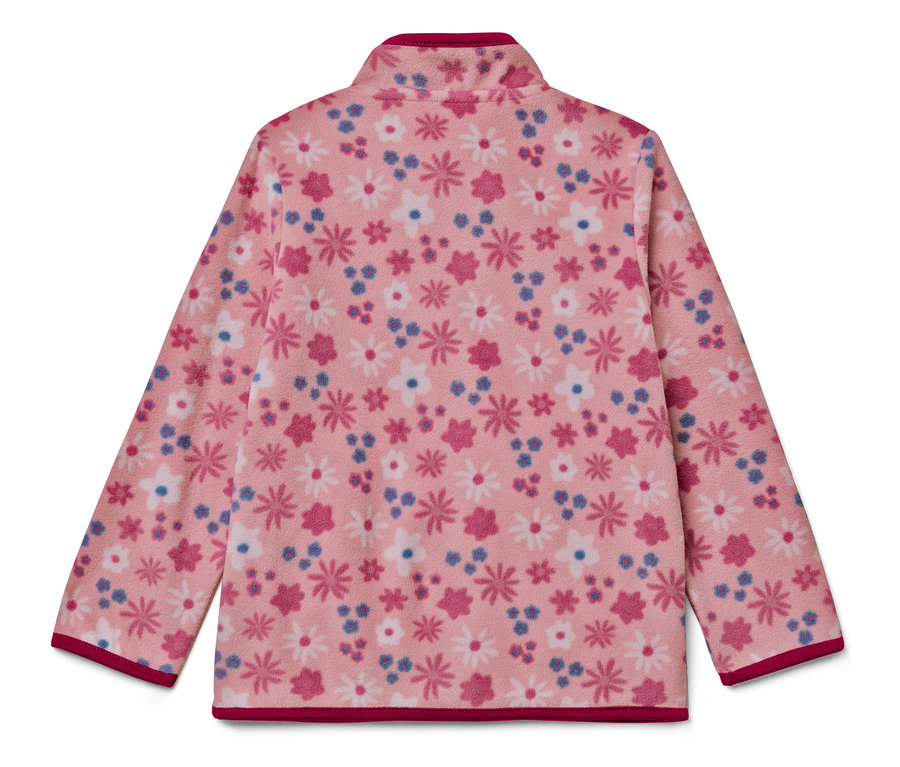 Pembe, fermuarlı, çiçek desenli polar ceket.