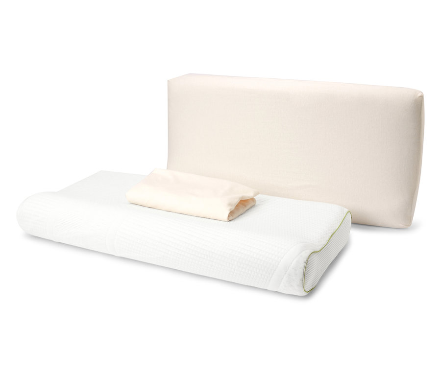 İki adet kırık beyaz jarse boyun yastığı kılıfı, beyaz bir boyun yastığının üzerinde duruyor.