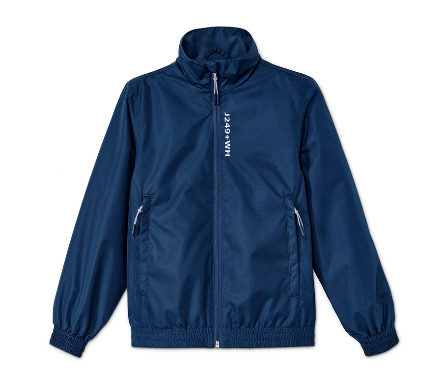 Sol tarafta beyaz J249+WH yazısı bulunan, fermuarlı, lacivert Bomber Ceket Tarzında Mevsimlik Ceket.