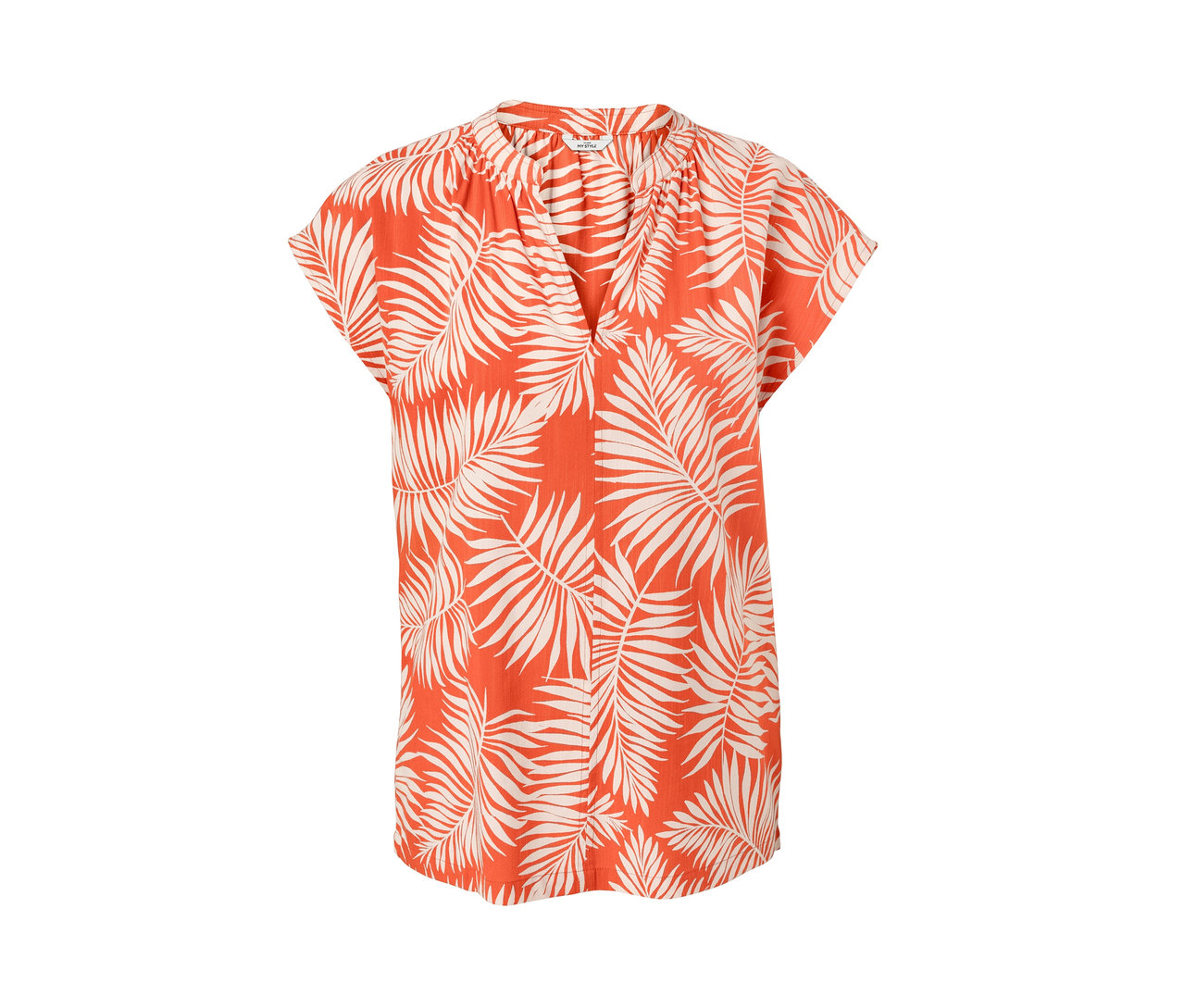 Yaprak desenli, turuncu, kısa kollu bluz.