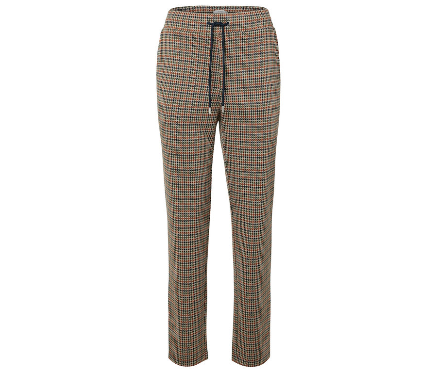 Kahverengi kazayağı desenli ve ipli pantolon.