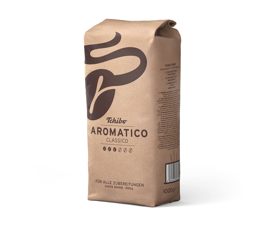 Ayakta duran, açılmamış bir paket Aromatico Classico - 1 kg Çekirdek Kahve.