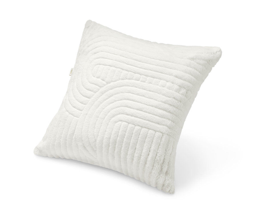 Kablosuz, yaklaşık 45 x 45 cm boyutlarında, kabartma desenli beyaz renkli ısıtmalı dekoratif yastık.