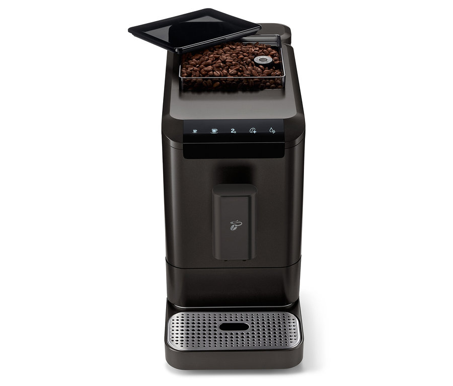 "Esperto2 Caffè" Granit Siyah tam otomatik kahve makinesinin önden görünümü, kahve çekirdeği haznesi açık.