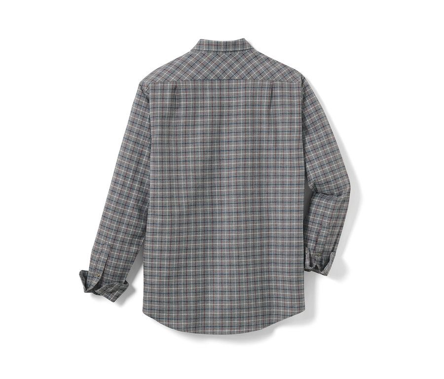 Kareli desene sahip gri bir flanel gömleğin yakın çekimi.