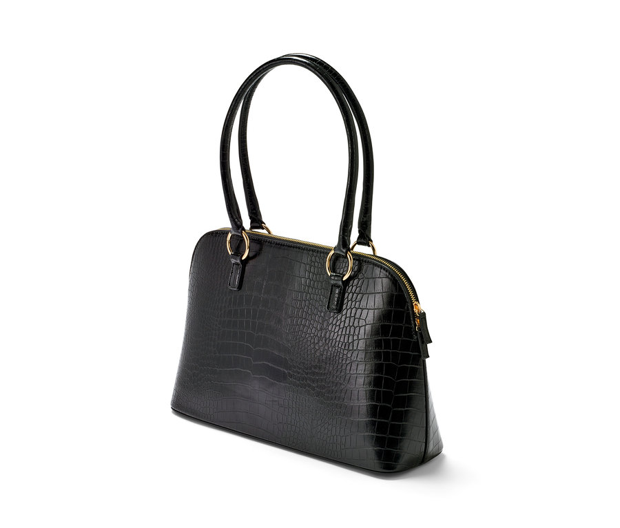 Timsah derisi dokulu ve altın fermuarlı siyah Shopper Çanta.