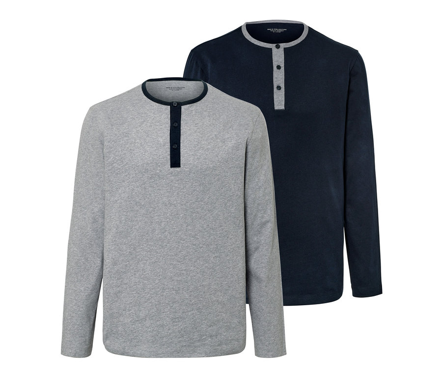 Gri ve lacivert renklerde iki adet uzun kollu pijama üstü.