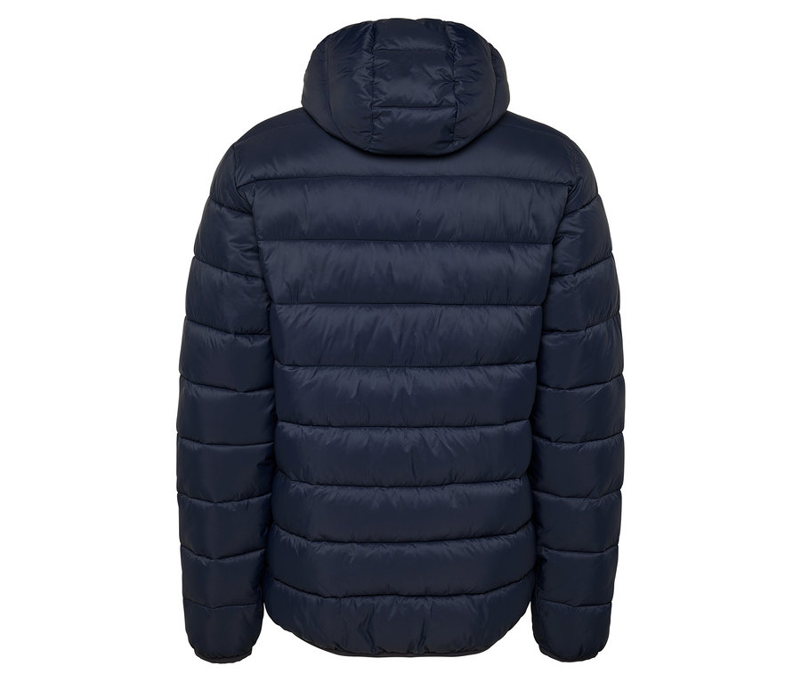 Kapüşonlu, lacivert, şişme montun arka görünümü.