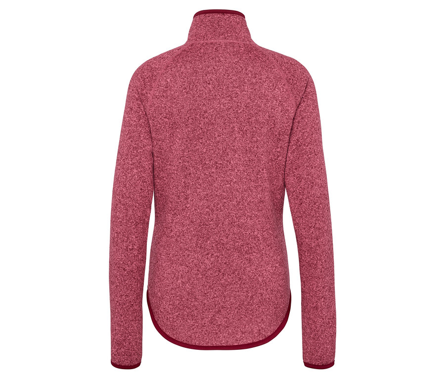 Bordo renkli, uzun kollu, fermuarlı kadın polar sweatshirt'ünün arka görünümü.