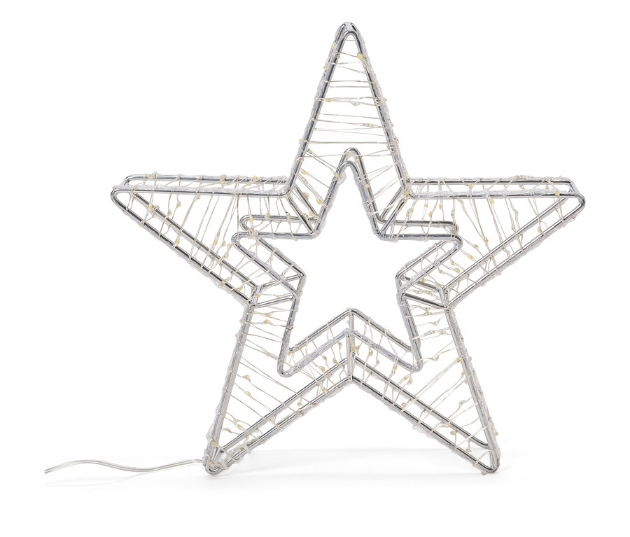 Beyaz arka planda LED ışıklı gümüş renkli tel yıldız.
