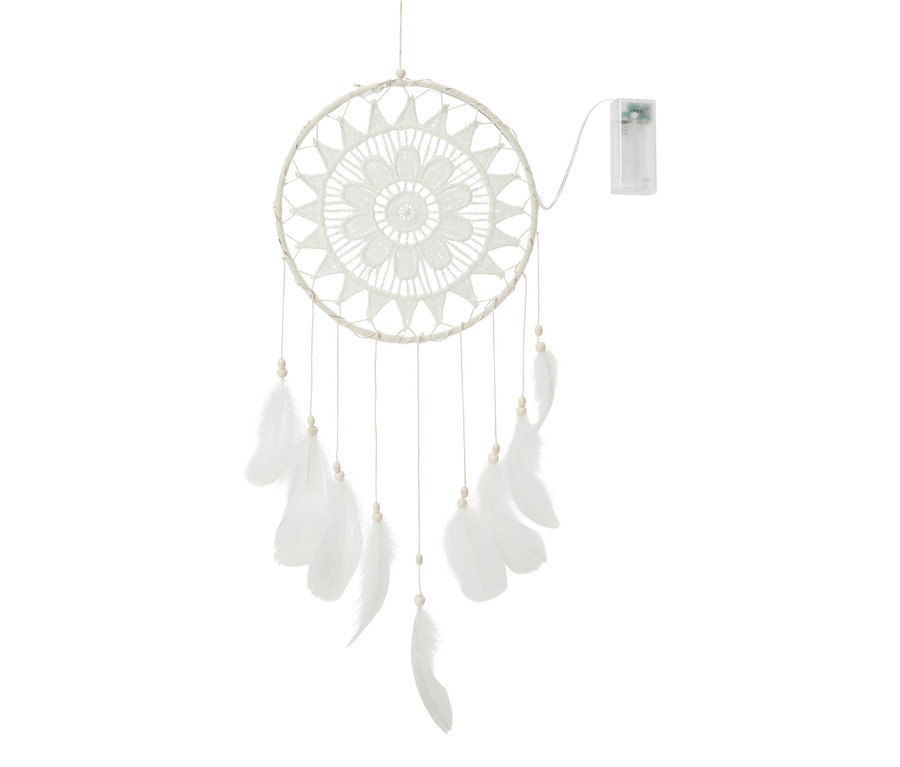 Asılı LED aydınlatmalı düş kapanı, beyaz daire ve tüyler.