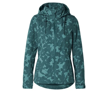 Koyu yeşil, çiçek desenli ve kapüşonlu softshell ceket.