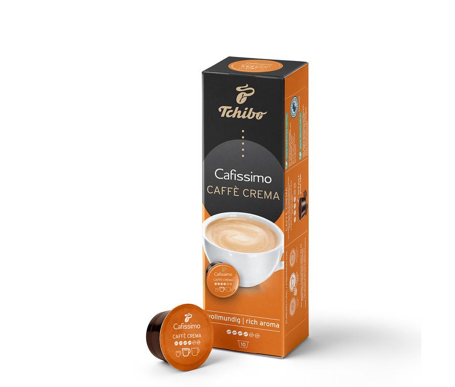 Bir paket Caffè Crema Rich Aroma ve bir adet Caffè Crema Rich Aroma kapsülü.