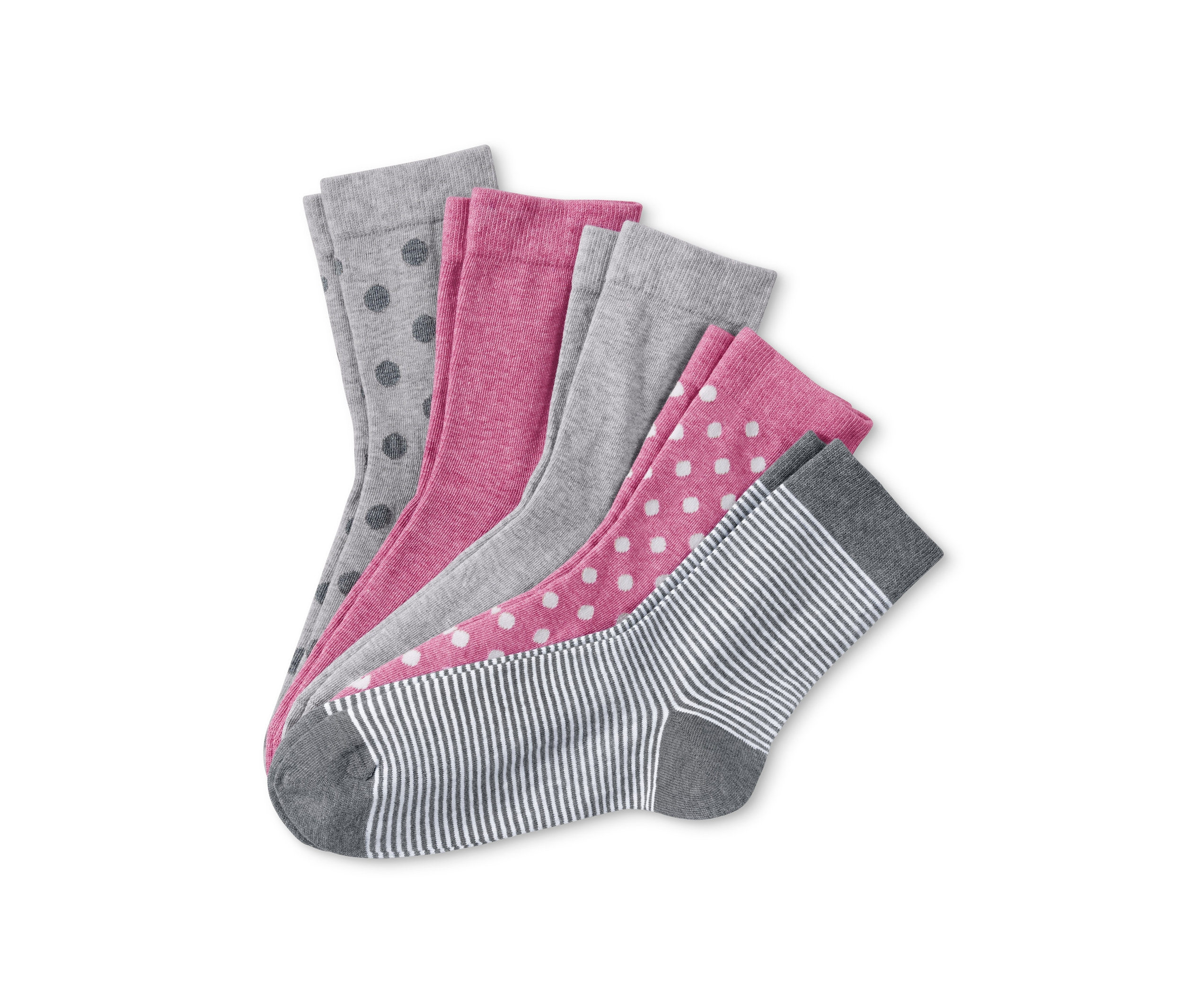 Farklı desenlerde beş çift çorap: Gri puantiyeli, pembe, gri, pembe puantiyeli ve çizgili.