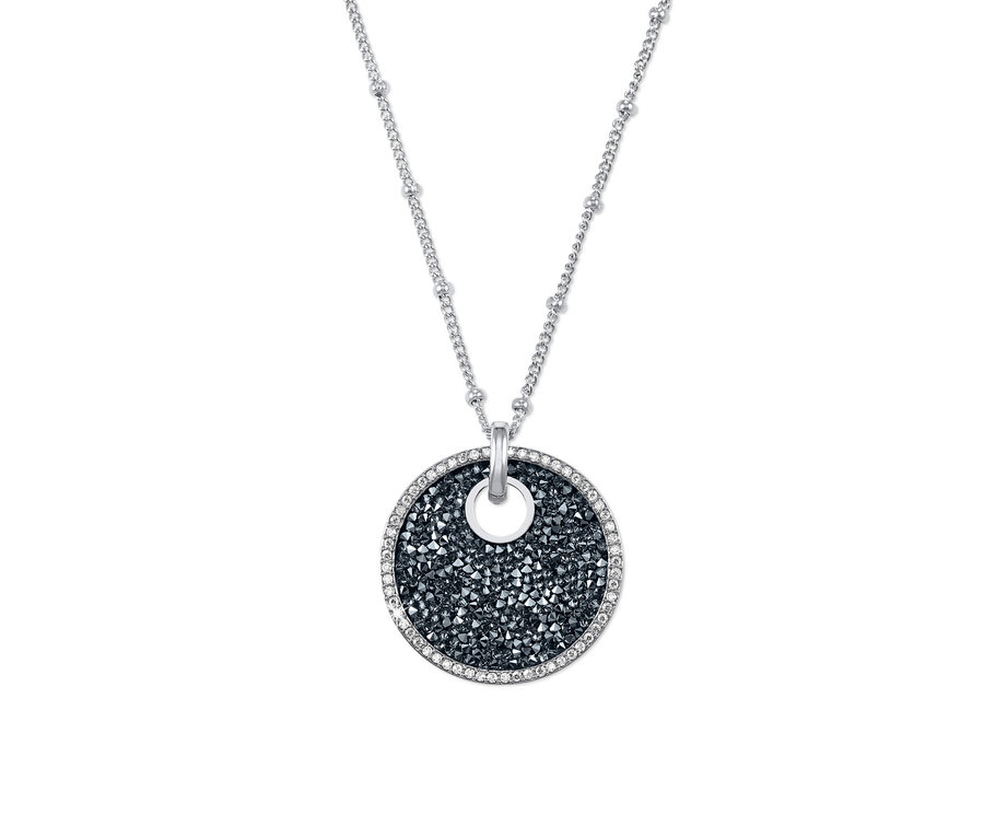 Swarovski® kristalleriyle süslenmiş, yuvarlak kolye ucu olan gümüş rengi kolye.