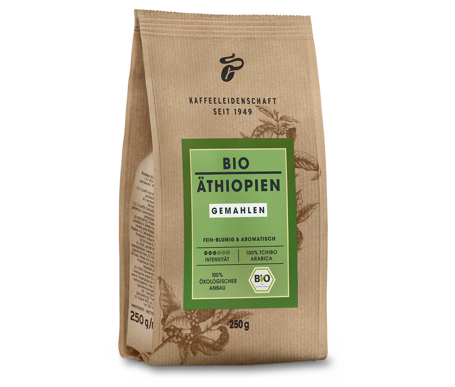 250 g öğütülmüş Organik Etiyopya kahve paketi.