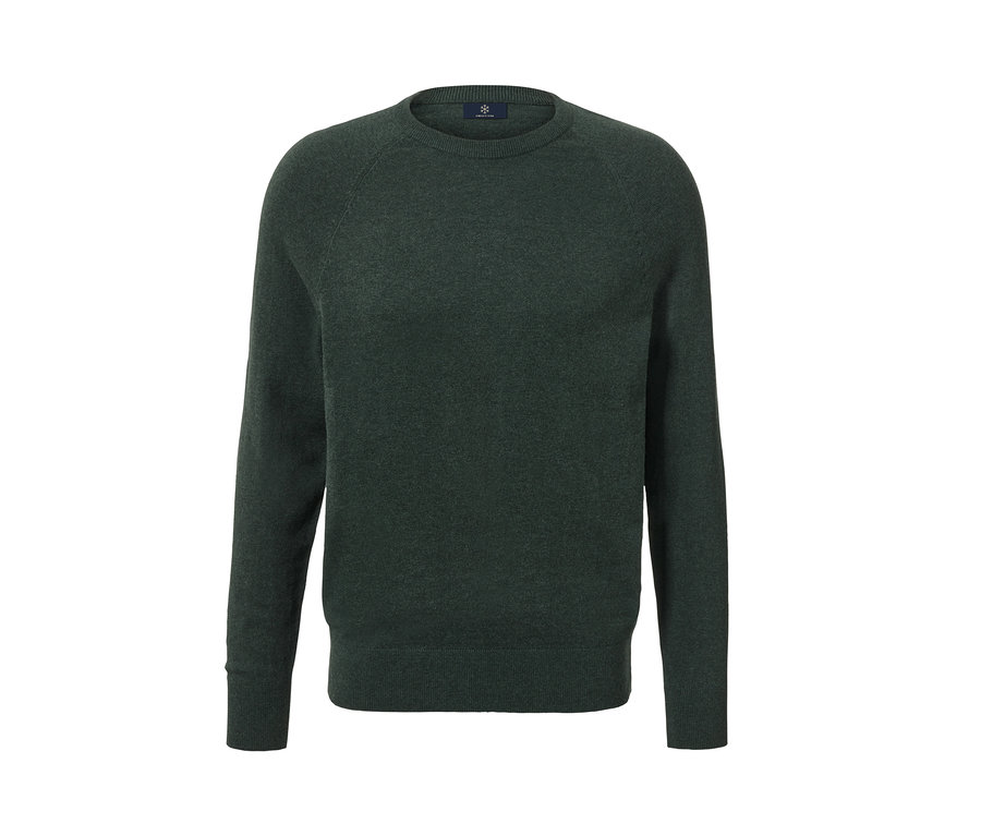 Yuvarlak yaka kesimli, koyu yeşil kazak.