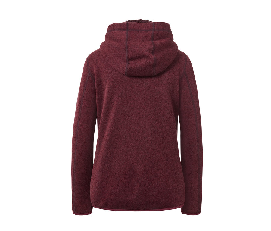 Kapüşonlu bordo peluş örgü polar hırkanın arka görünümü.