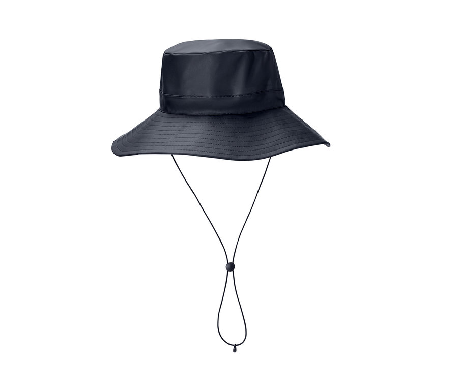 Lacivert, ayarlanabilir ipli yağmur şapkası.