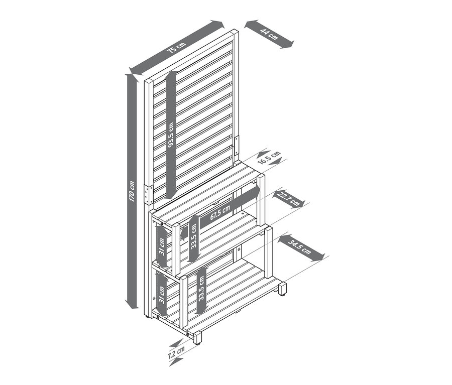 Ölçülerle birlikte »Elin« raflı paravan modülü çizimi.