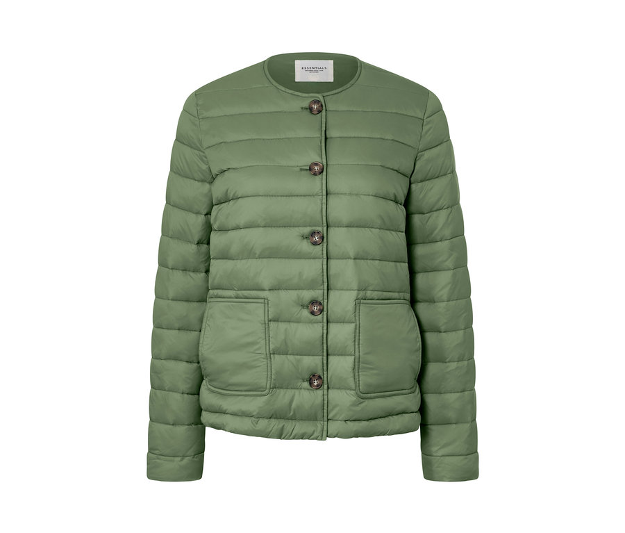 Kahverengi düğmeli, yeşil kapitone mont.