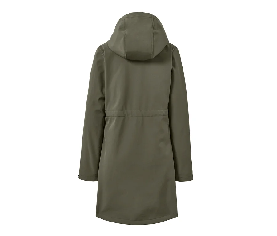 Haki renkli softshell montun arka görünümü.