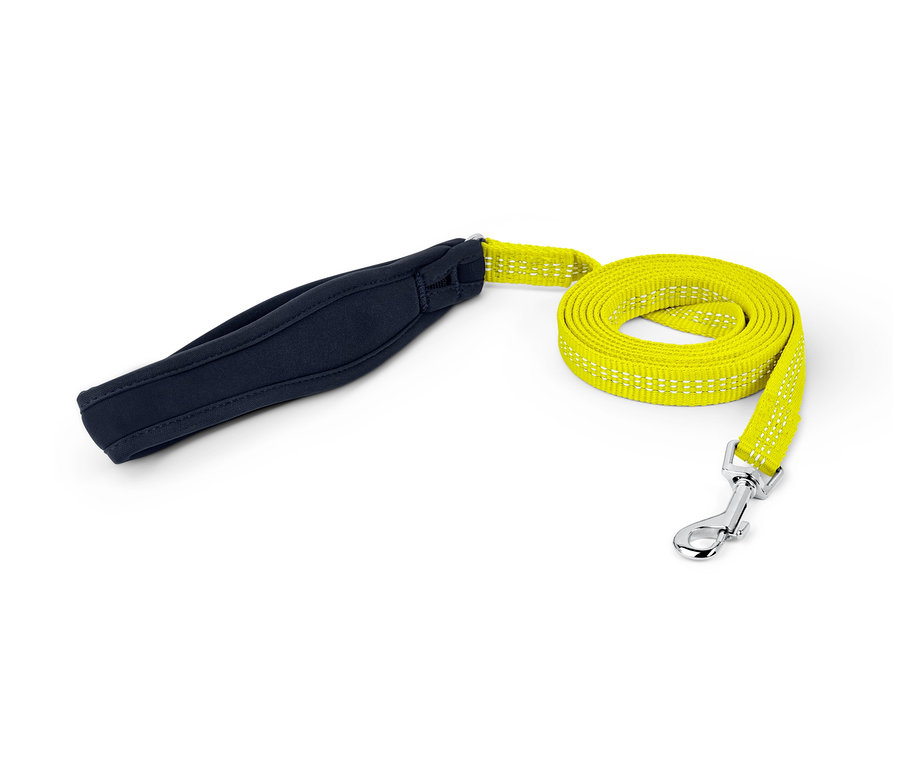 Siyah saplı, reflektörlü sarı köpek tasması.