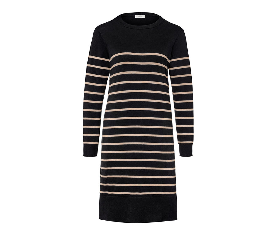 Siyah ve bej çizgili ince örgü elbise.