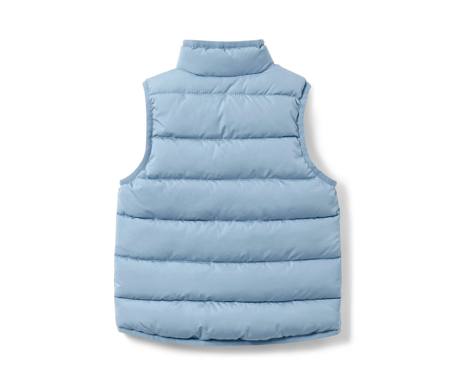 Arkadan görünümü mavi küçük çocuk kapitone yelek.