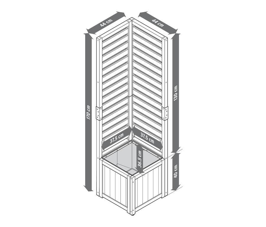 »Elin« saksılı paravan modülünün boyutlarıyla birlikte çizimi.