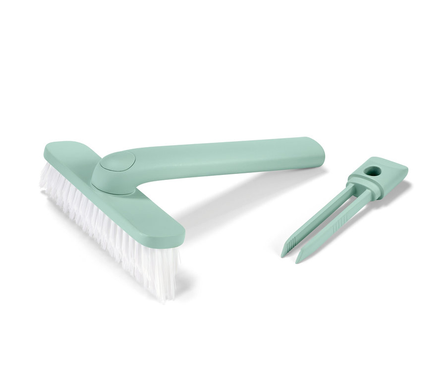 Fırçası ve kiri temizleme aleti olan yeşil bir 4'ü 1 Arada Derz Temizleyici.