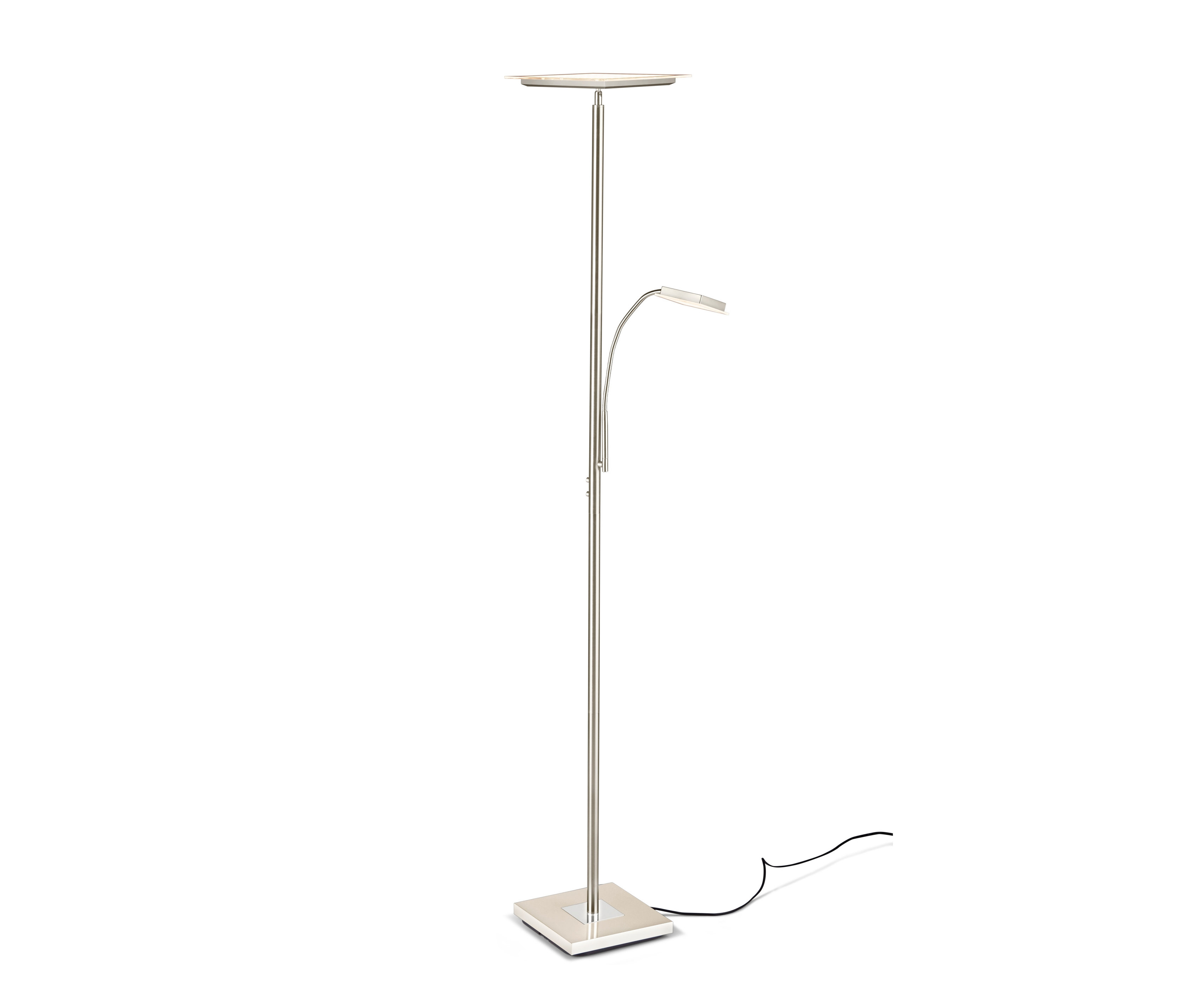 Beyaz bir zeminde okuma ışığı olan bir LED ayaklı lamba.