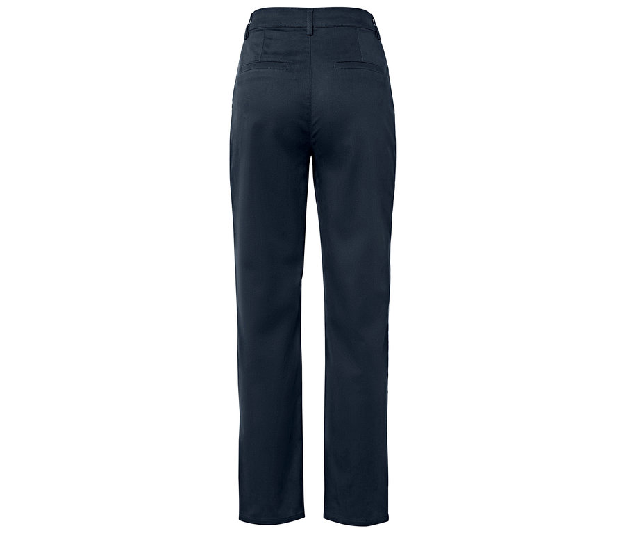 Düz paçalı, koyu lacivert bir pantolonun arka görünümü.