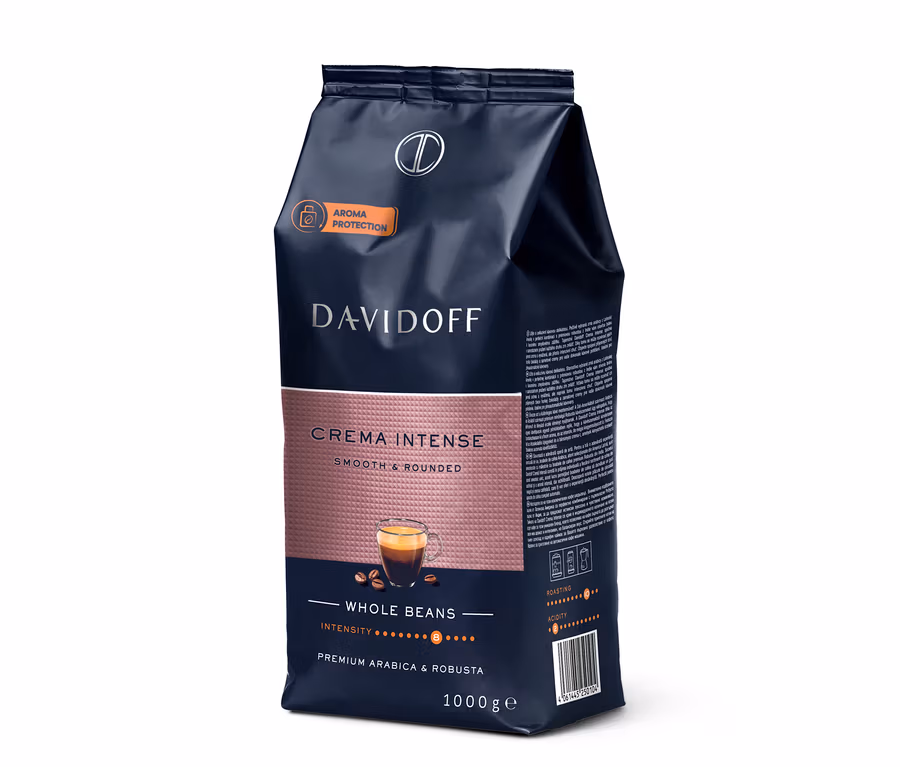 Koyu mavi ve gül altın rengi DAVIDOFF CAFÉ Crema Intense 1 kg kahve çekirdeği paketi, üzerinde bir fincan kahve ve kahve çekirdekleri bulunuyor.
