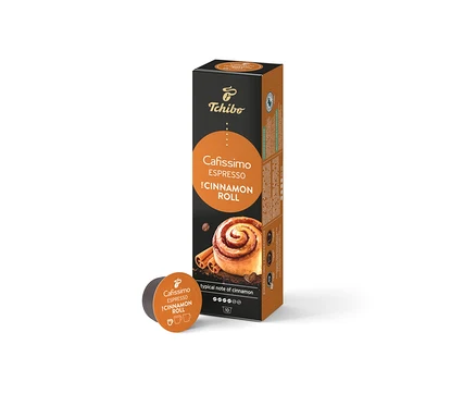Bir paket Cafissimo Flavoured Espresso Cinamon Roll - 10 Kapseln ve yanında tek bir kapsül.
