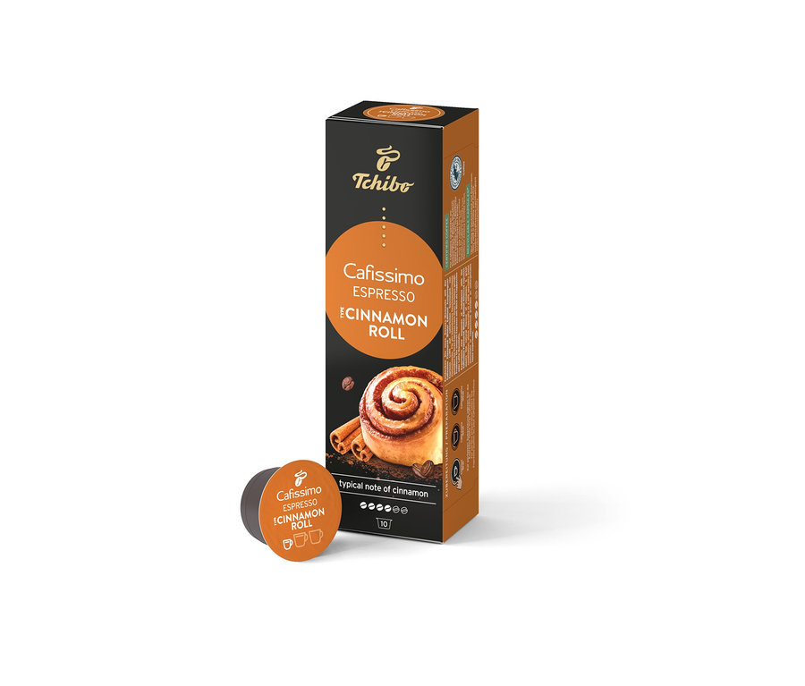 Bir paket Cafissimo Flavoured Espresso Cinamon Roll - 10 Kapseln ve yanında tek bir kapsül.