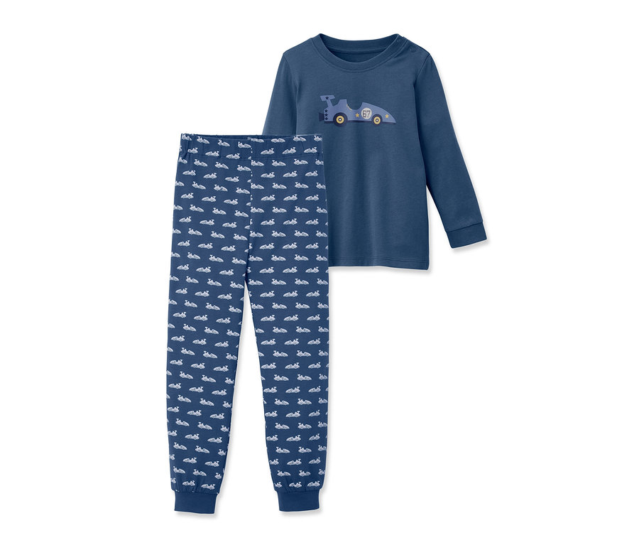 Yarış arabası desenli mavi pijama takımı.