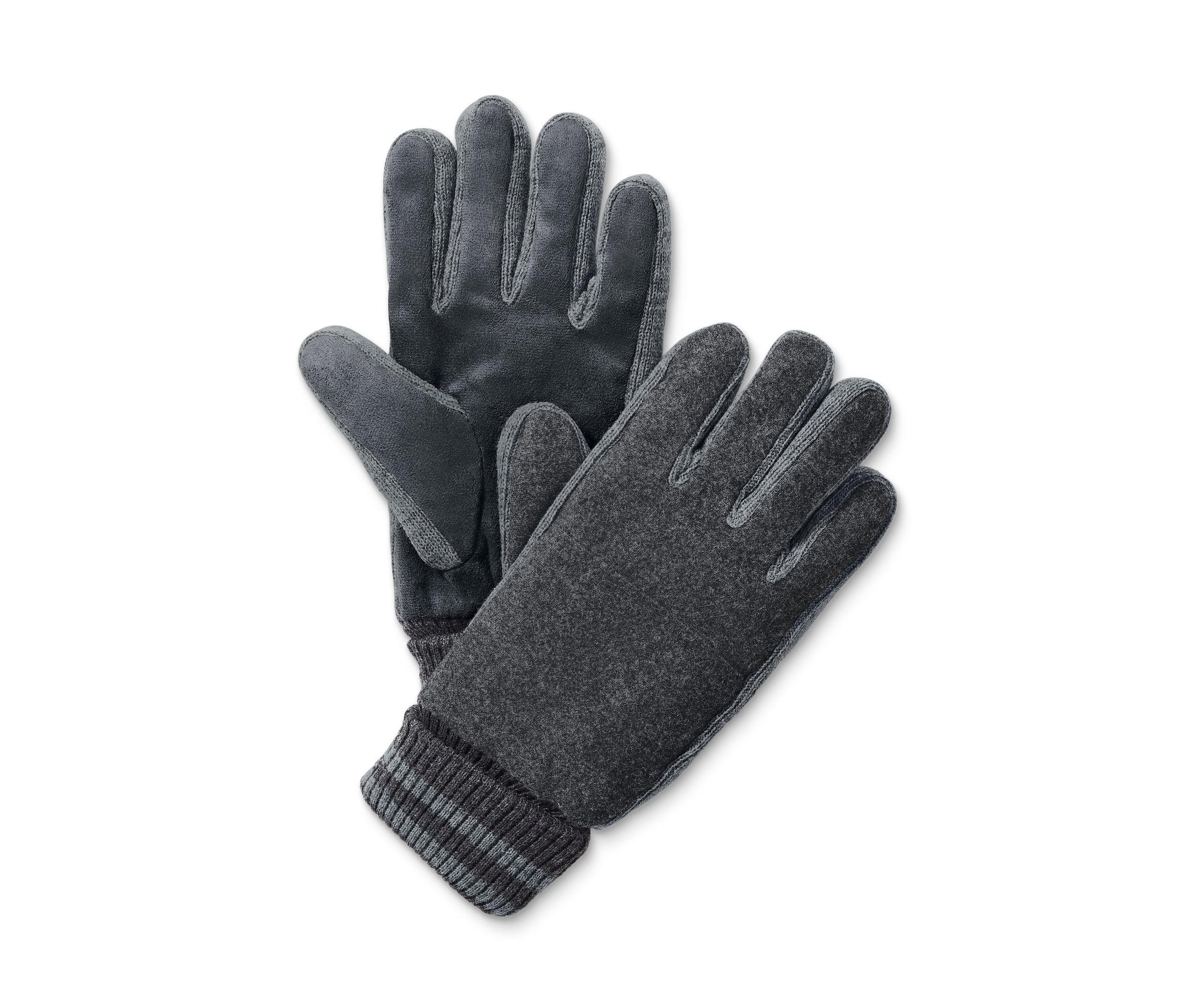 Beyaz bir arka plan üzerinde duran iki adet gri eldiven.