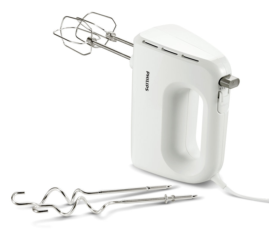 İki başlığı olan beyaz Philips HR 3706 el mikseri.