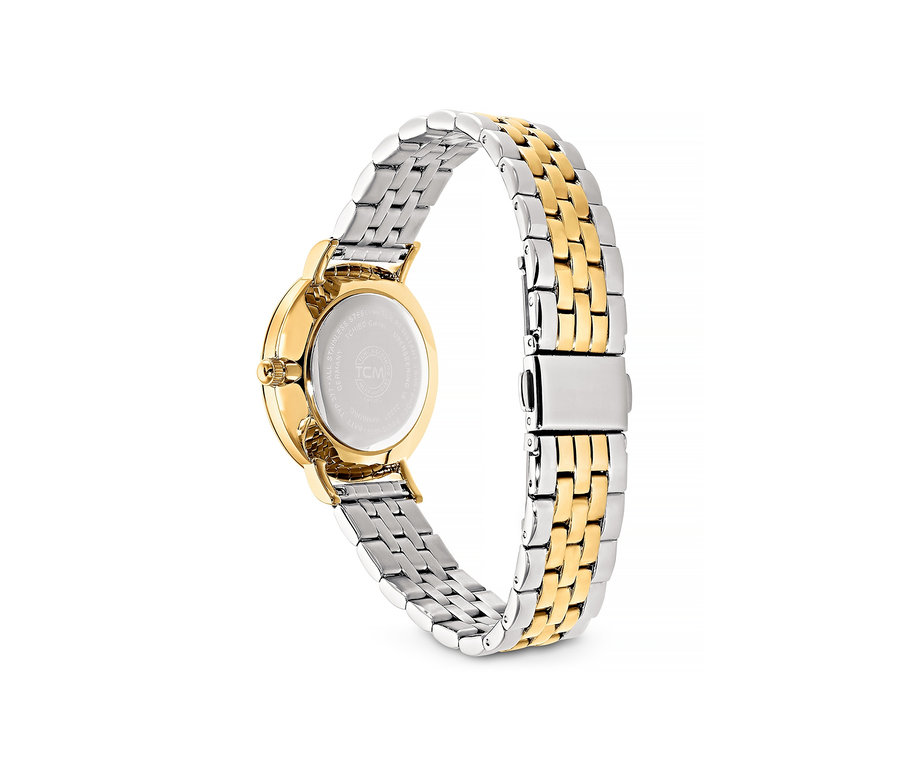 İki renkli paslanmaz çelik kayışlı kadın saati detayı.