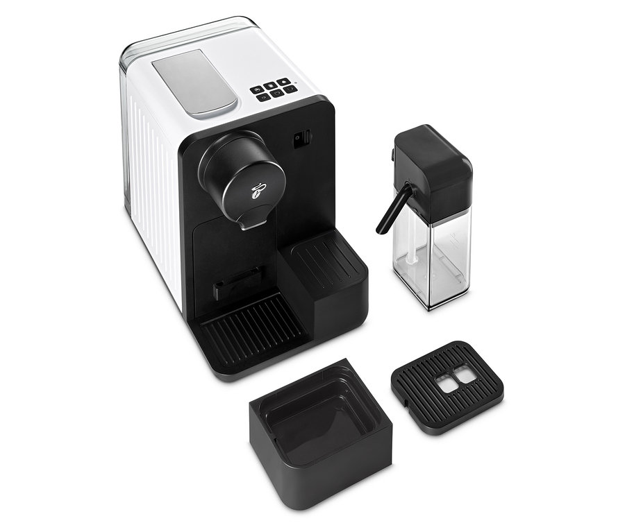 Beyaz bir Cafissimo Milk kahve makinesi ve aksesuarları.