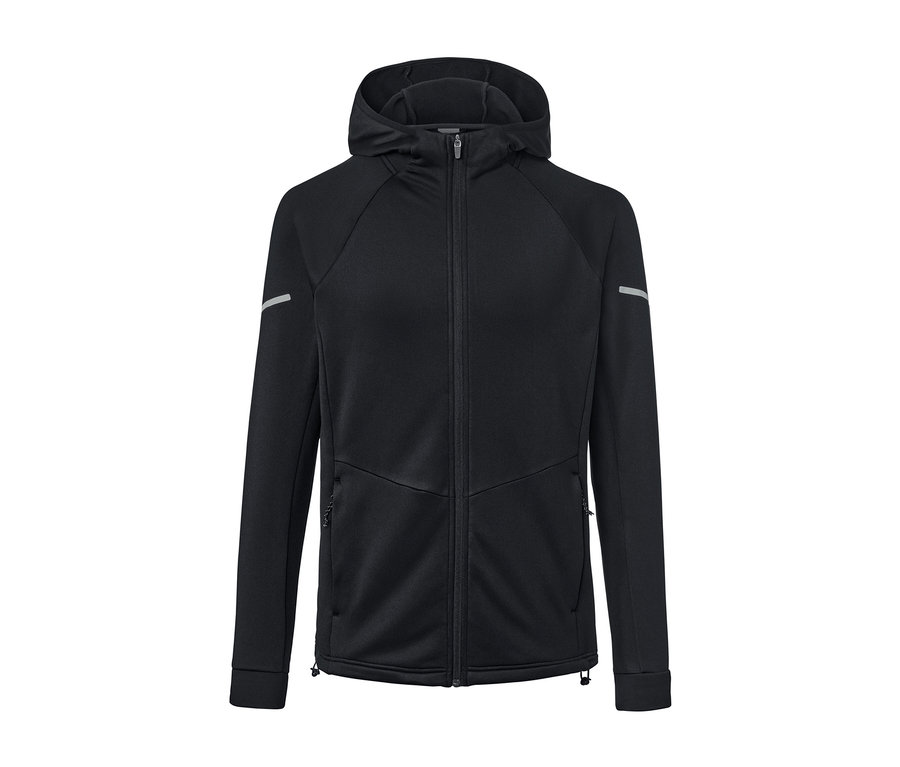 Fermuarlı ve kapüşonlu siyah termal ceket.