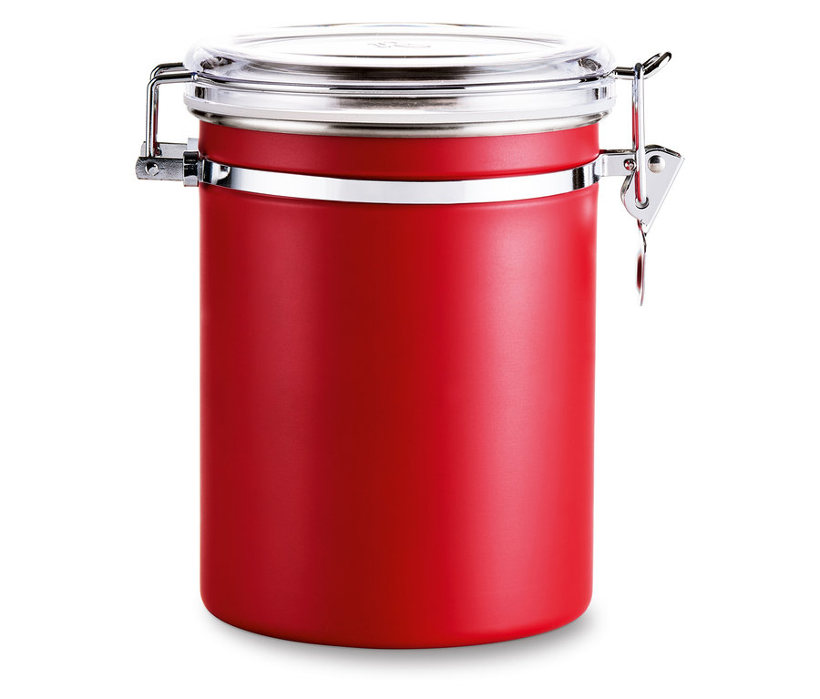 Metal kapaklı, kırmızı aroma kutusu.