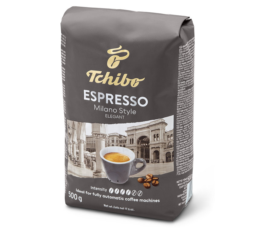 Bir paket Espresso Milano Style Çekirdek Kahve 500g. Paketin üzerinde bir fincan espresso ve kahve çekirdekleri bulunuyor.