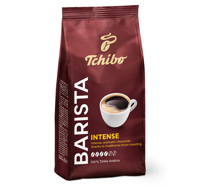 Bir paket Tchibo Barista Intense 250g öğütülmüş kahve. Paketin üzerinde bir fincan kahve resmi var.