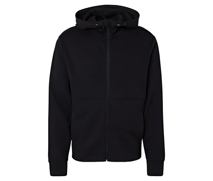 Siyah fermuarlı kapüşonlu sweatshirt.