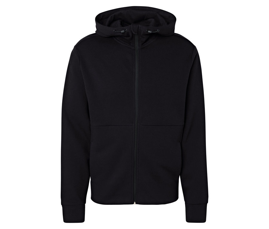 Siyah fermuarlı kapüşonlu sweatshirt.